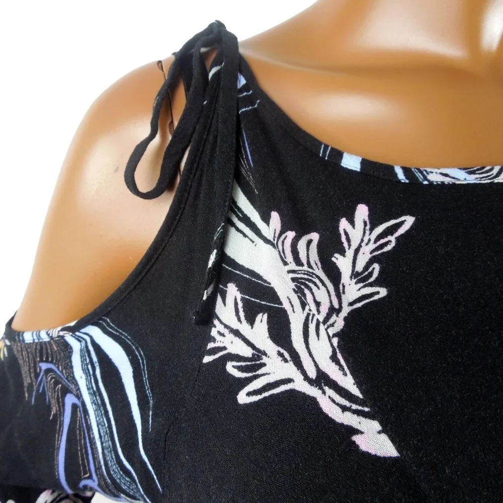 FREE PEOPLE Top M Black Floral Tunic Shirt Tie Cold Shoulder Long Sleeves Casual - Picture 4 of 13